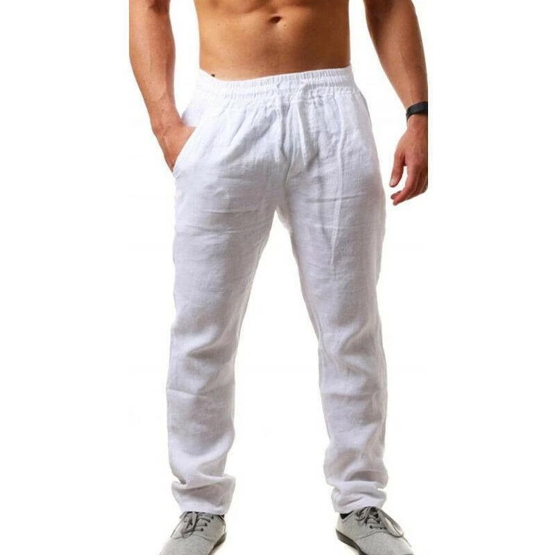 (white)New Fashion Men's Trousers Cotton Linen Pants Male Summer Breathable Soli