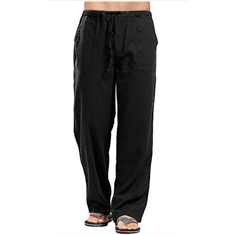 (Black)Men's Cotton Linen Pants Summer Solid Color Breathable Linen Trousers Mal