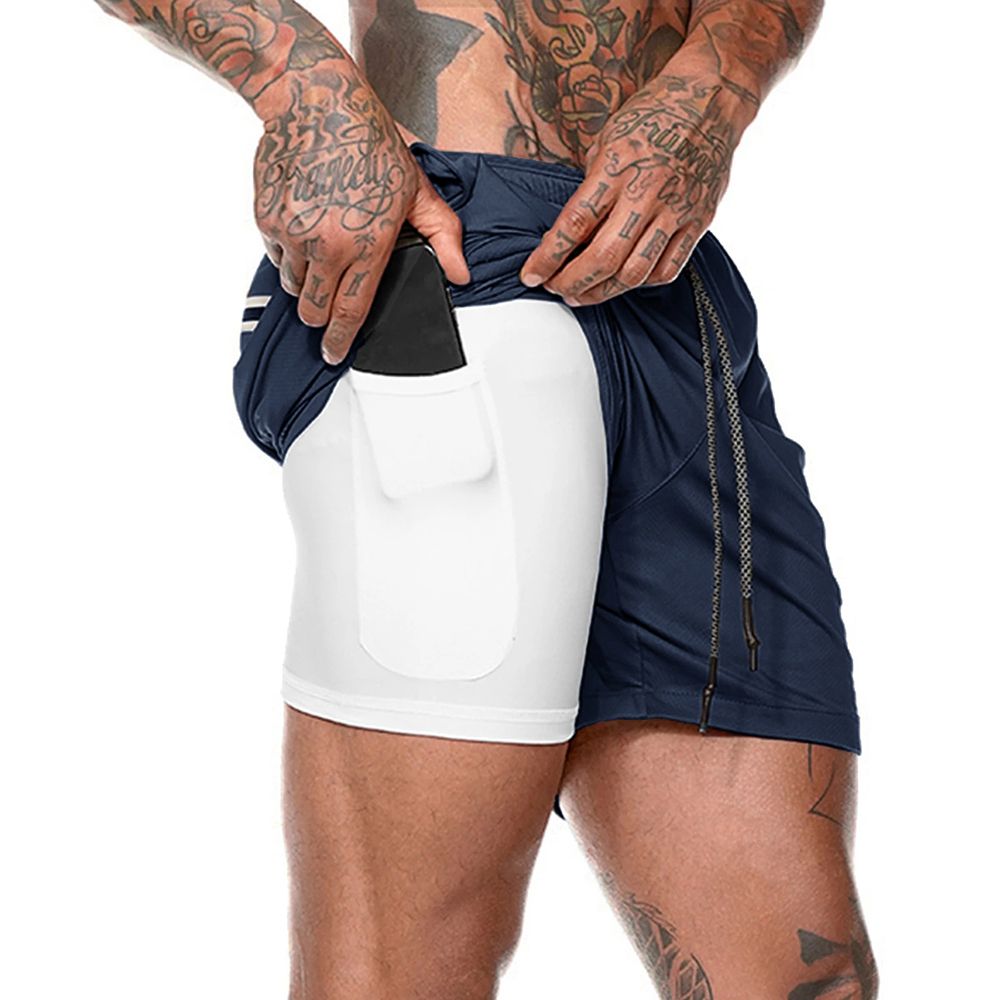 Men 2-in-1 Workout Running Shorts Sport Hip Fitness-DB