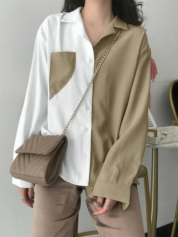 Women Contrast Color Patchwork Two Tone OL Business Lapel Long Sleeve Shirts With Pocket