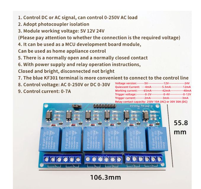 Low Level Trigger Relay Module,5V,6 Channels Optocoupler