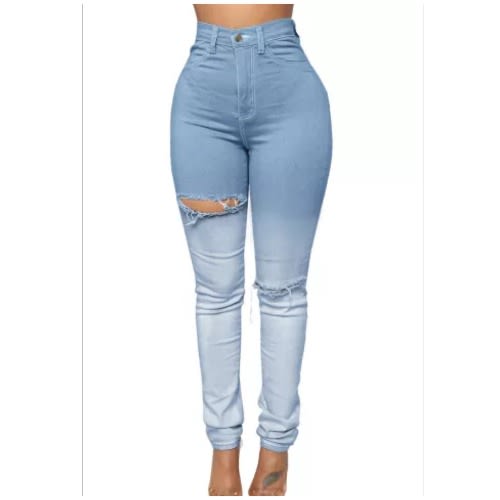 Gradient Color Slim Fit Distressed High Waist Jeans - Sky Blue