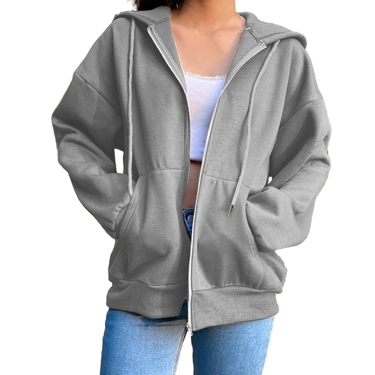 Womens Hoodie Jacket Fashion Lightweight Streetwear Grey L