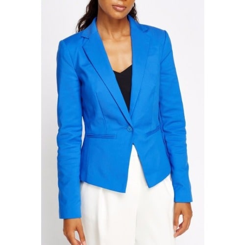 Button Front Cropped Blazer-Blue
