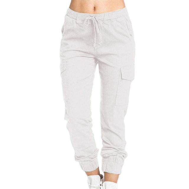 Women Solid Cargo Pants Multicolor Stretch Casual Lacing Drawstring High Waist Bottoms Trousers Fitness Tracksuit Dropshipping(#White 1)