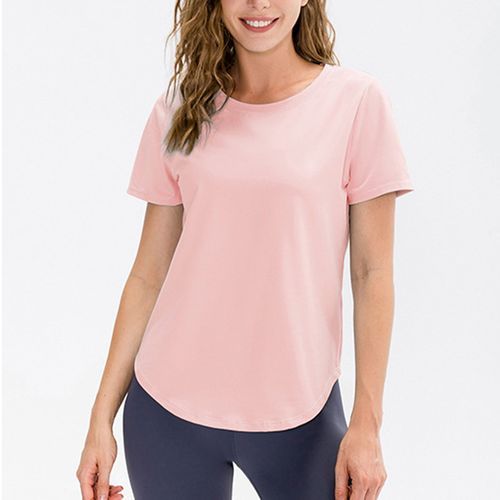 Women Summer Sports T-Shirt Short Sleeve Running Loose Yoga Top（Pink）