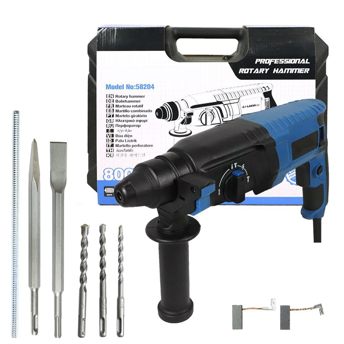 Rotary Hammer Drill with 4 modes,  800W 7 Amp Corded Variable Speed Rotomartillo for Concrete - Including 3 Drill Bits, Flat Chisel, Point Chisel, Carrying Case