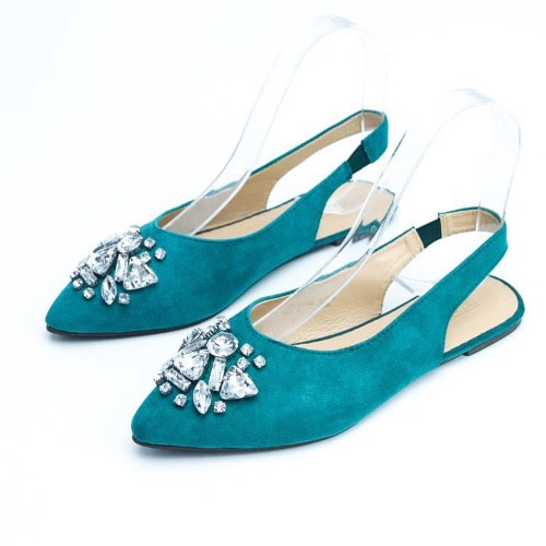 Women Rhinestone Flat Shoe - Teal Green