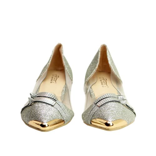 Ladies Flat Shoe With Golden Design - Silver