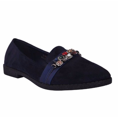 Ladies Suede Flat Loafers - Navy