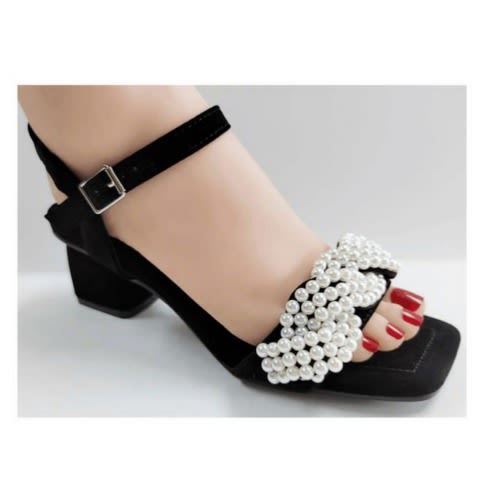 Beaded Strap Suede Black Sandal