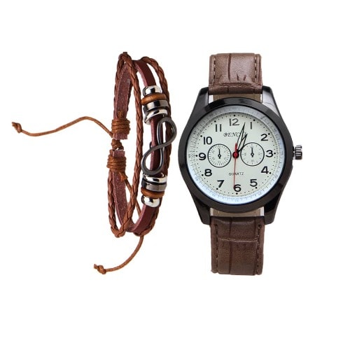 Leather Wrist Watch With Bracelet-Brown