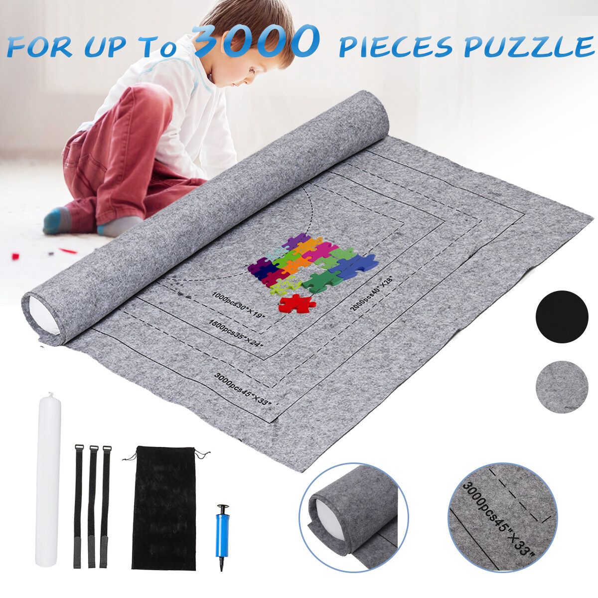 3000PCS Puzzles Mat Jigsaw Roll Felt Mat With Inflatable Pump Storage Bag Black