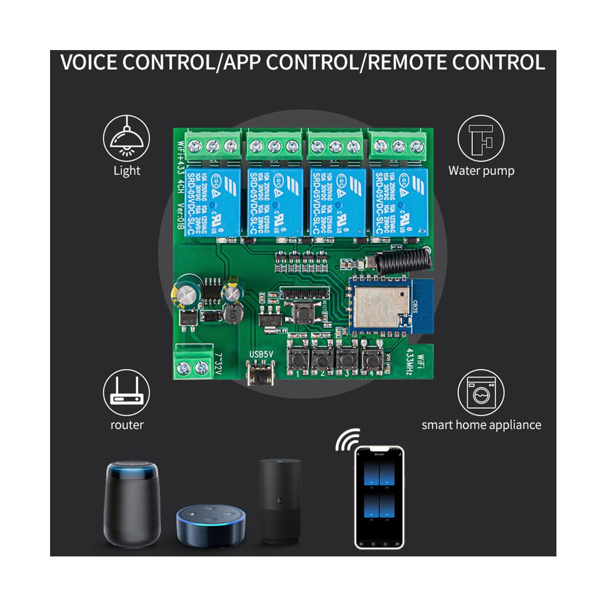 4CH Tuya WiFi Smart Switch DIY Timer 7-32V USB 5V 2.4G