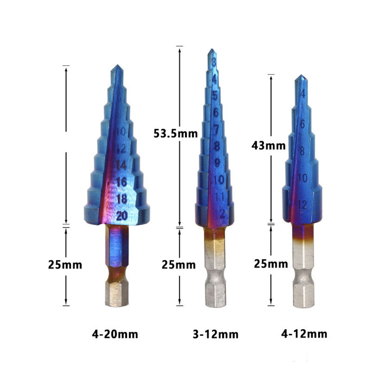 HSS Cone Step Nano Drill Bit Set Blue Pouch Shank Hole 3-12/4-12/20mm Blue