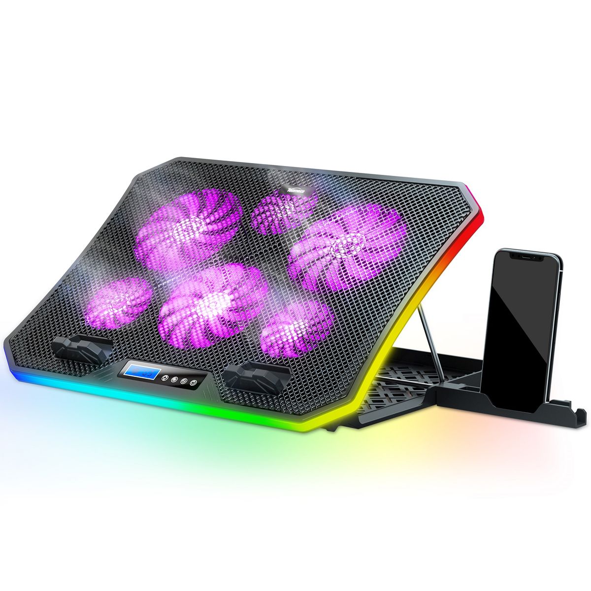 C12 Laptop Cooling Pad RGB Gaming Notebook Cooler For Desk And Lap Use, Laptop Fan Stand 8 Adjustable Heights With 6 Quiet Fans And Phone Holder, For 15.6-17.3 Inch Laptops - Purple LED Light