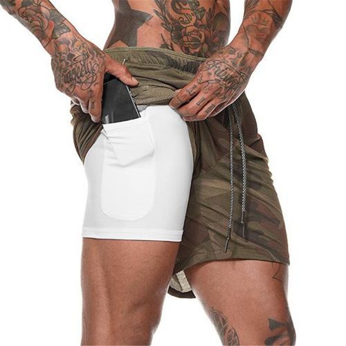 Men 2-in-1 Workout Running Shorts Sport Hip Fitness-DG