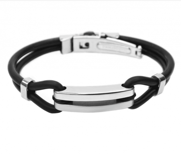 Men's Stainless Steel Bar Black Rubber Bracelet