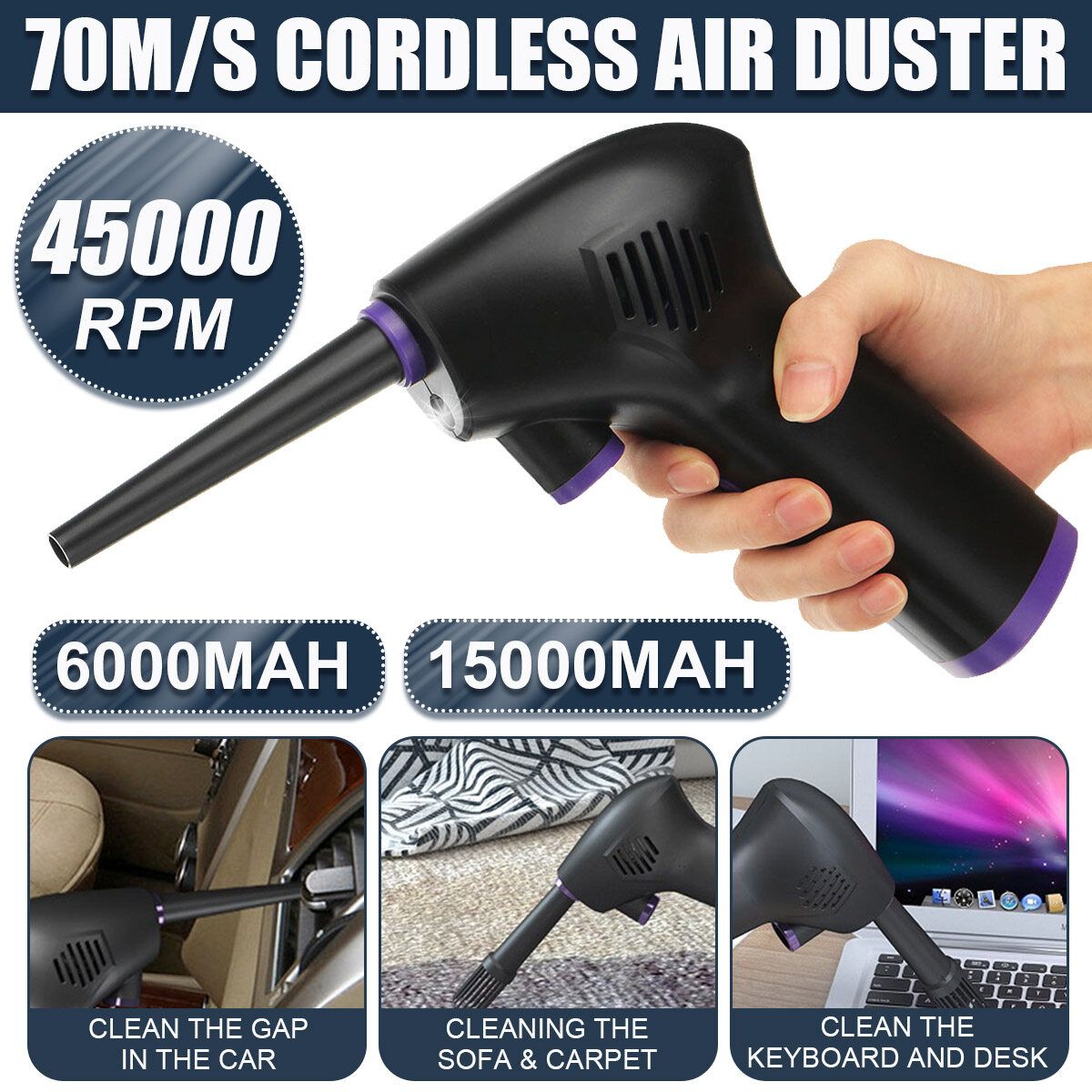 60W Computer Cleaning Cordless Air Duster ,Replaces Compressed Spray Gas Cans Rechargeable Cleaner Blower 15000Mah
