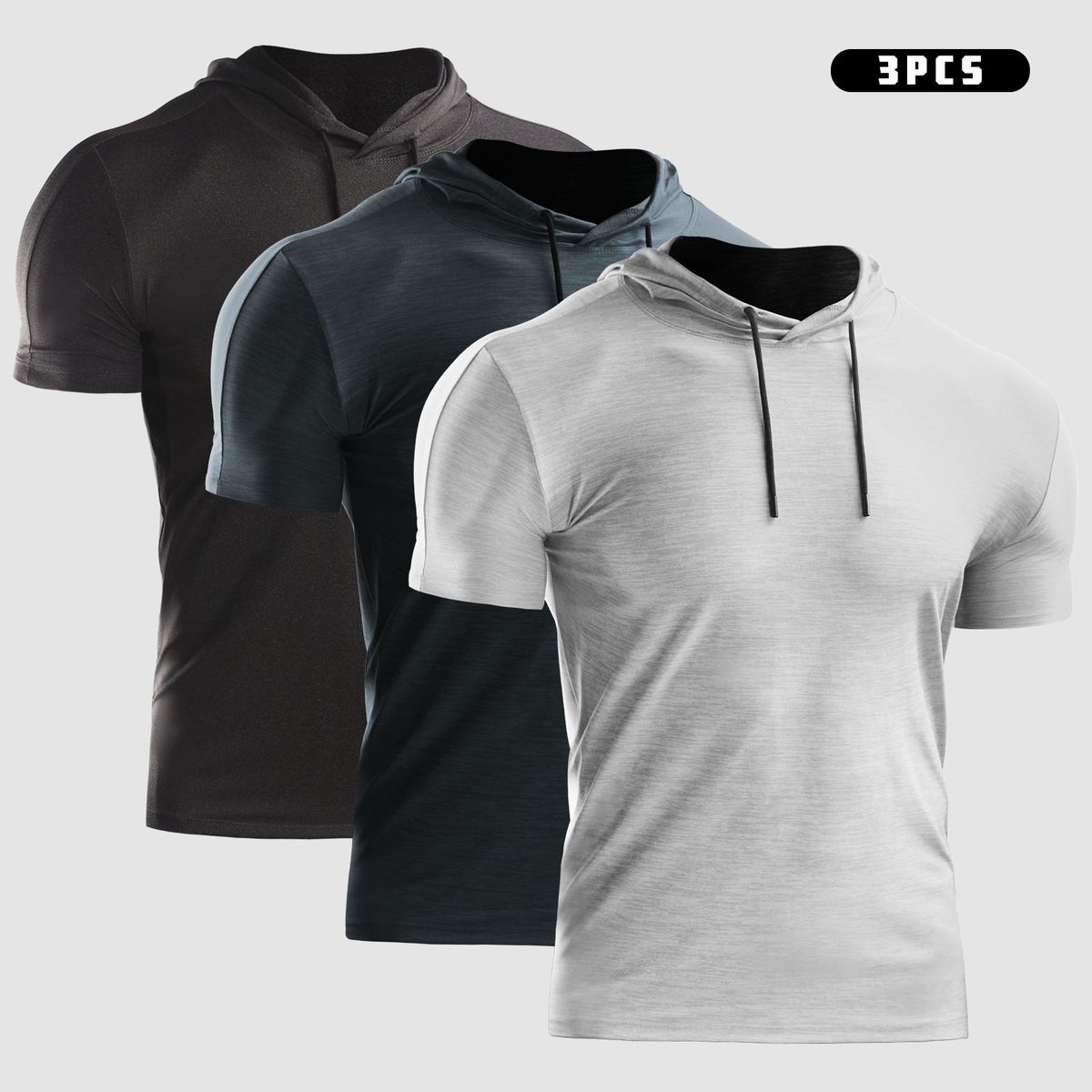 3PCS Men Summer Sports T-Shirt Solid Color Hooded Short