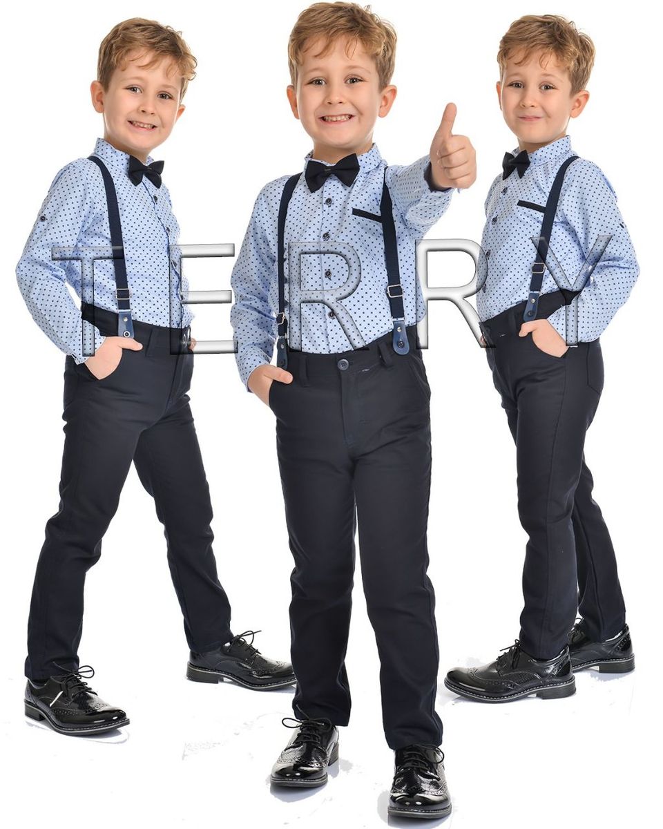 Turkey Boys Dotted Long Sleeve Shirt With Tapered Leg Fitted Trouser Set-Blue/Black