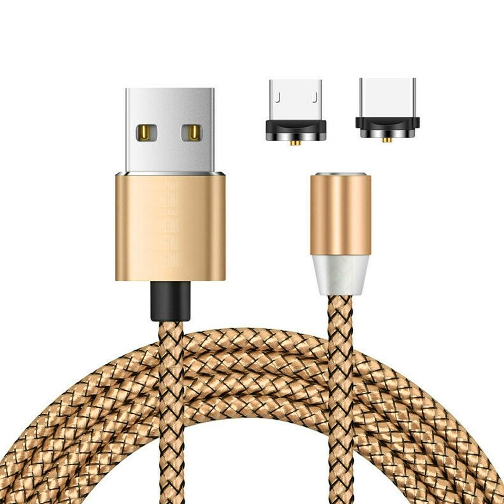 2 In 1 USB To Micro USB + USB-C / Type-C Magnetic Metal Connector Data Cable, Cable Length: 1m(Gold)