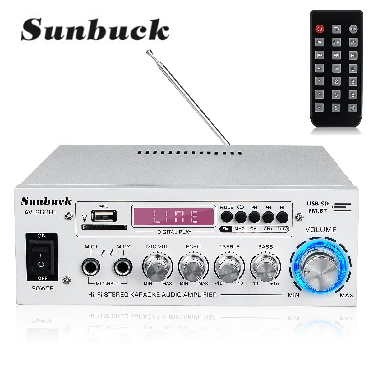 AV Power Amplifier 2.0 Channel Audio Home Theater Amplifiers DC 12V 110V/220V Support EQ FM SD USB 2 Mic 5.0 Bluetooth- 660BT