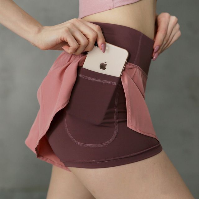 2-In-1 Fake 2 Pcs Pockets Women Yoga Shorts Jogging Pink_S