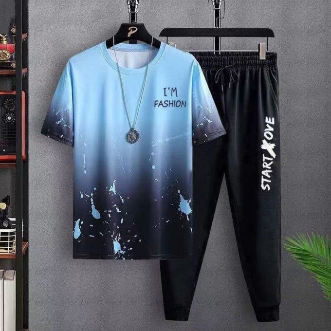 2 In 1 Short Sleeve Trousers & T-Shirt - Blue/Black
