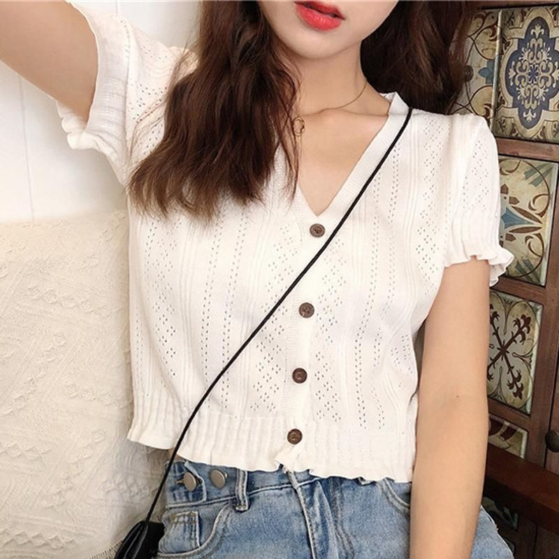 V-neck knitted cardigan 2023 summer new Korean style westernized heart machine ice silk top slim
