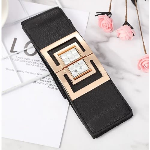 Ladies Black Decorated Elastic Wide Buckle Belt