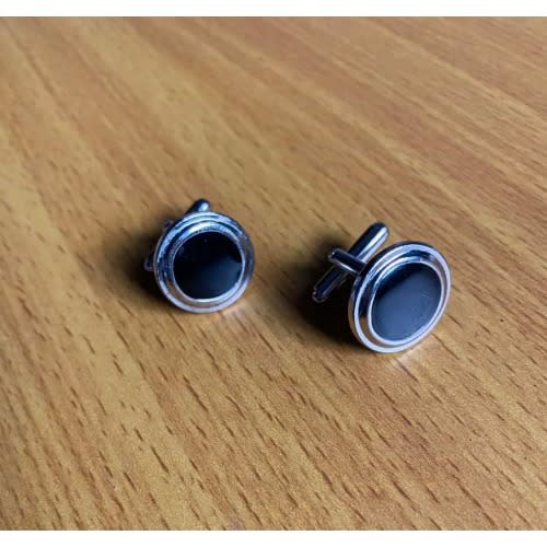 Men's Stainless Steel Silver Round Black Cuff Links