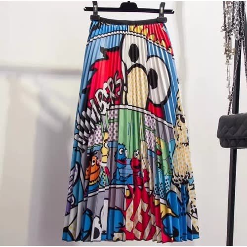 Cartoon Print Pleated A-line Mid-calf Skirt - Multicolour
