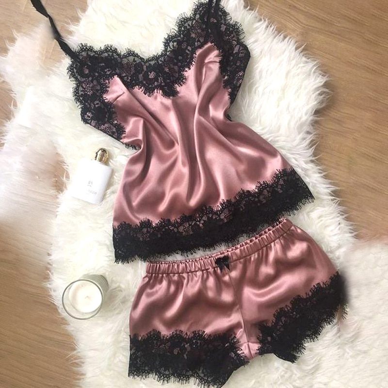 Women Pajamas Women Sleepwear Sleeveless Strap Nightwear Lace Trim Satin Cami Top Pajama Sets Sexy Hot Erotic Home Wear Dark Pink