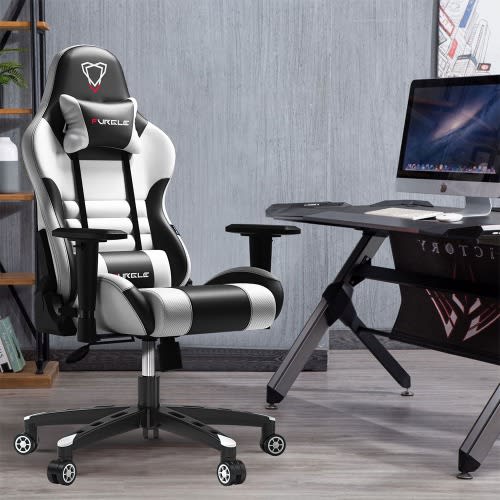 Furgle Computer Racing Gaming Ergonomic Chair +Footrest - Black & White