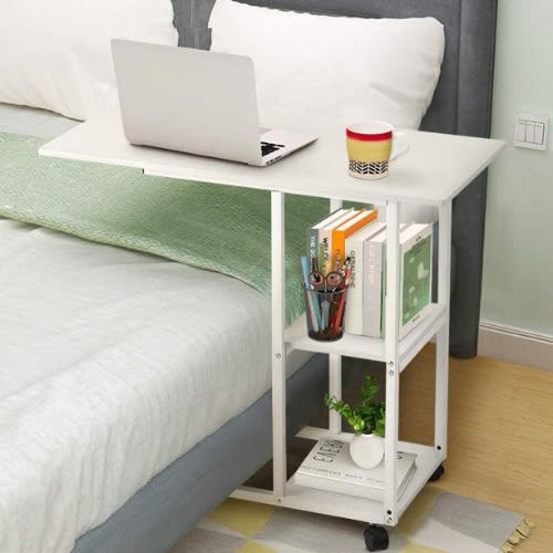 Over Bed Table Sofa Couch Rolling Wheel Laptop Computer Desk - White