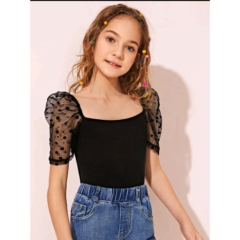 Girls Dobby Mesh Short Sleeve Top -size Run Very Slim & Small(order 3 Sizes Up)