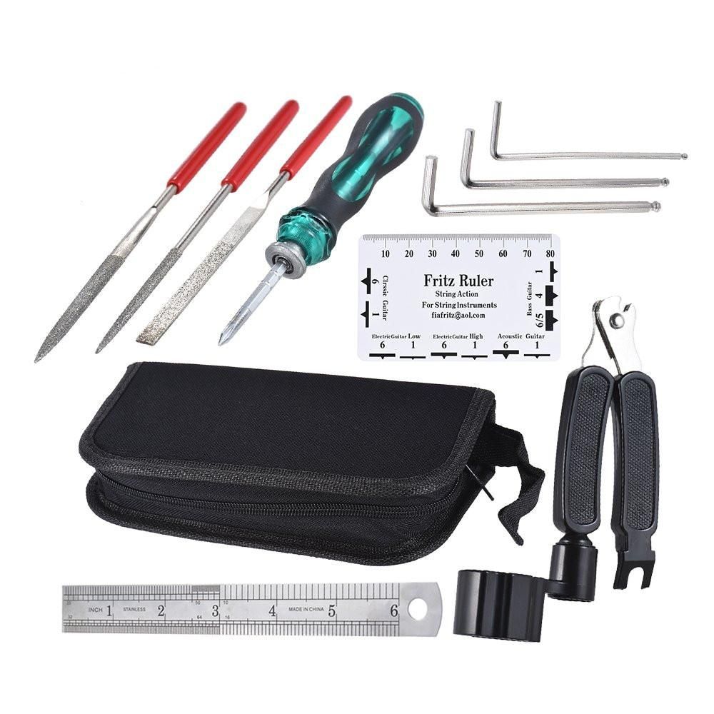 11Pcs Guitar Tool Kit Professional Repairing Maintenance Tools Guitar Files String Action Ruler 3 in 1 String Winder Cutter Pin Puller Hex Wrench Set