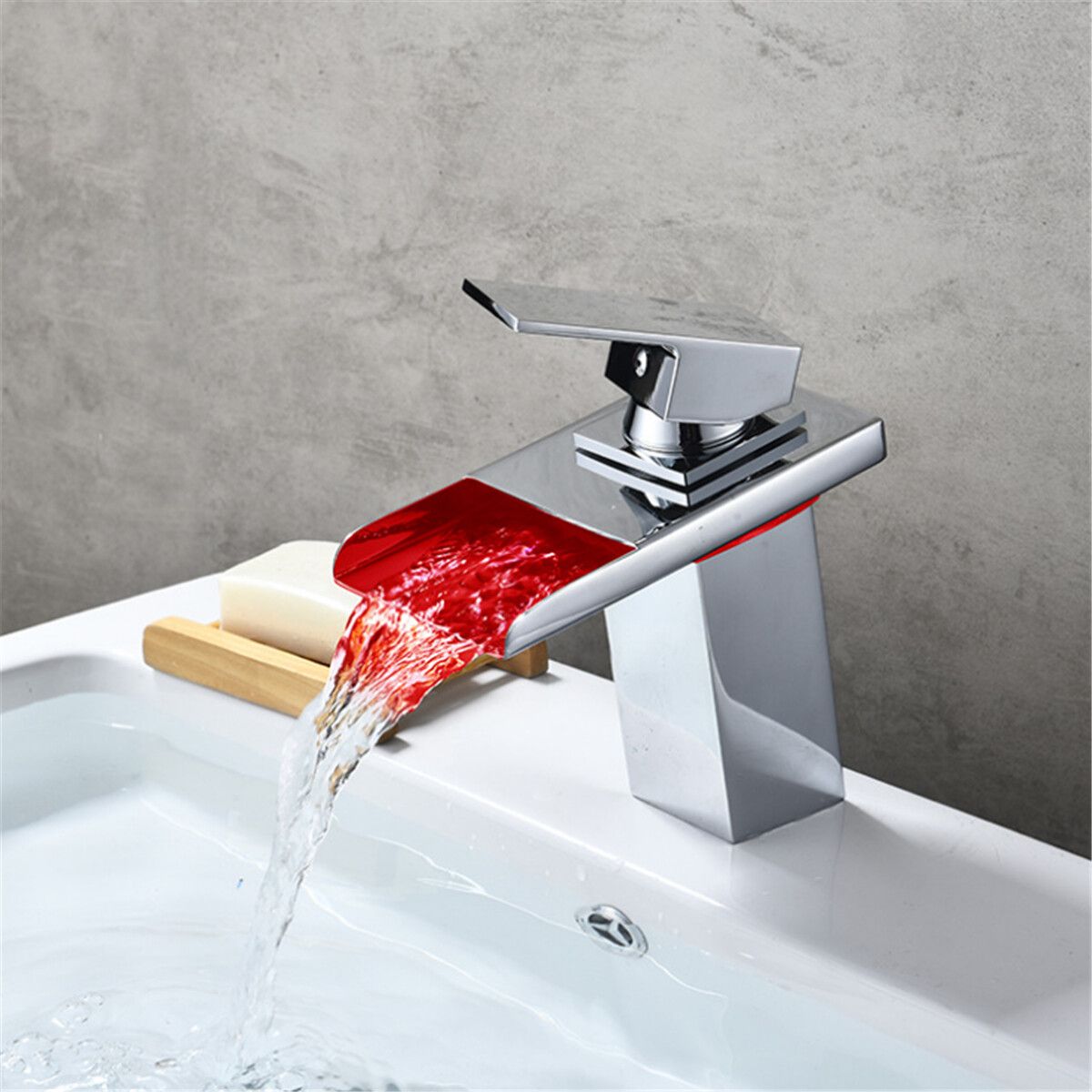 Modern Waterfall Bathroom Sink Faucet Tap Temperature Sensor With 3 LED Lights Basin Mixer Tap