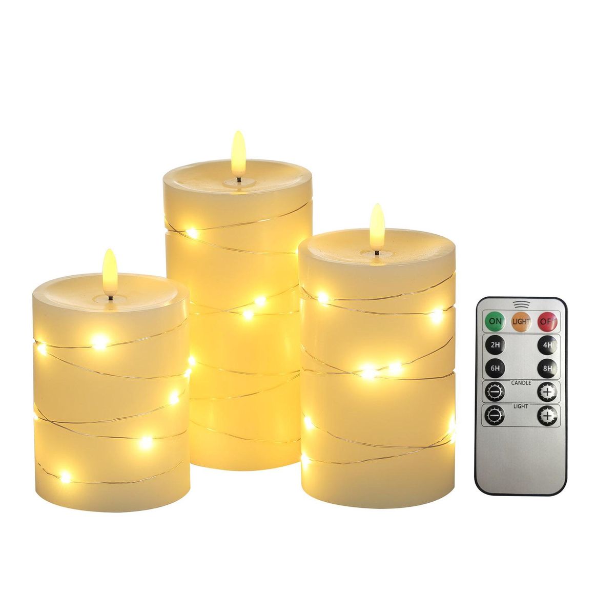 3PCS Flameless Candle Lights with Twisted String Lights Kit with Controller Constant Bright Heads Lighting Effect/ Constant Bright String Light 5 Levels Dimmable Brightness Adjustable 2H&4H&6H&8H 4 Levels Timer 2 * AA Cell Op