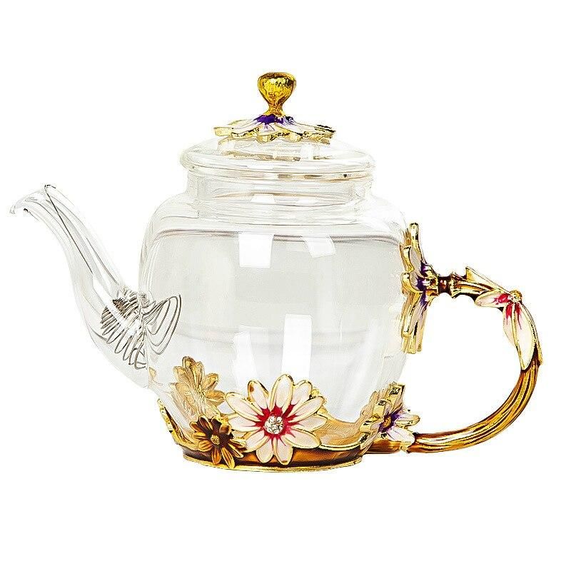 Beautiful Enamel Crystal Tea Set Daisy Glass Teapot For Hot And Cold Drinks Home Drinkware Office Kettle Teaware Set Coffee Pot