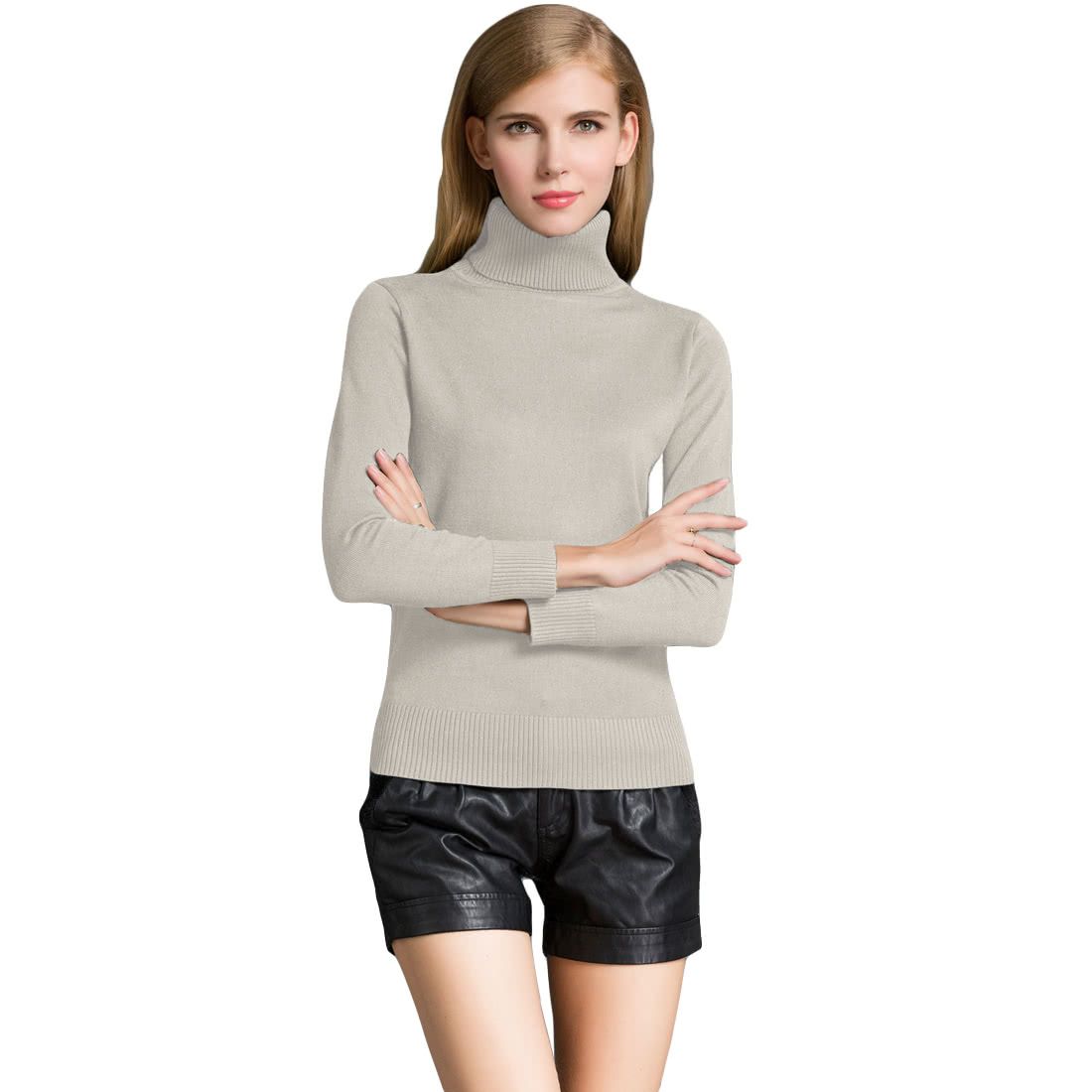 Winter Women Sweater Knitwear Turtle Neck Long Sleeves-beige