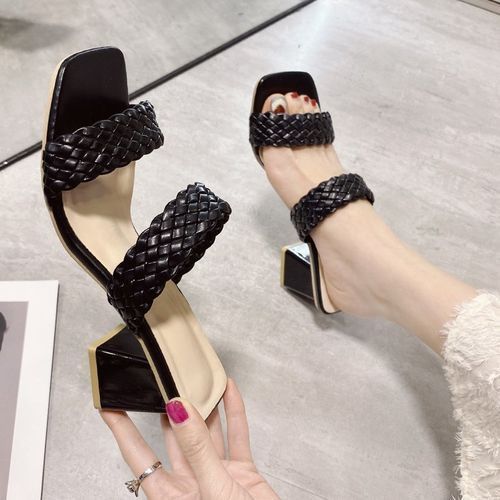 Women's Braided Heels Mules Sandals Square Open Toe Dress Ladies Slippers-Black