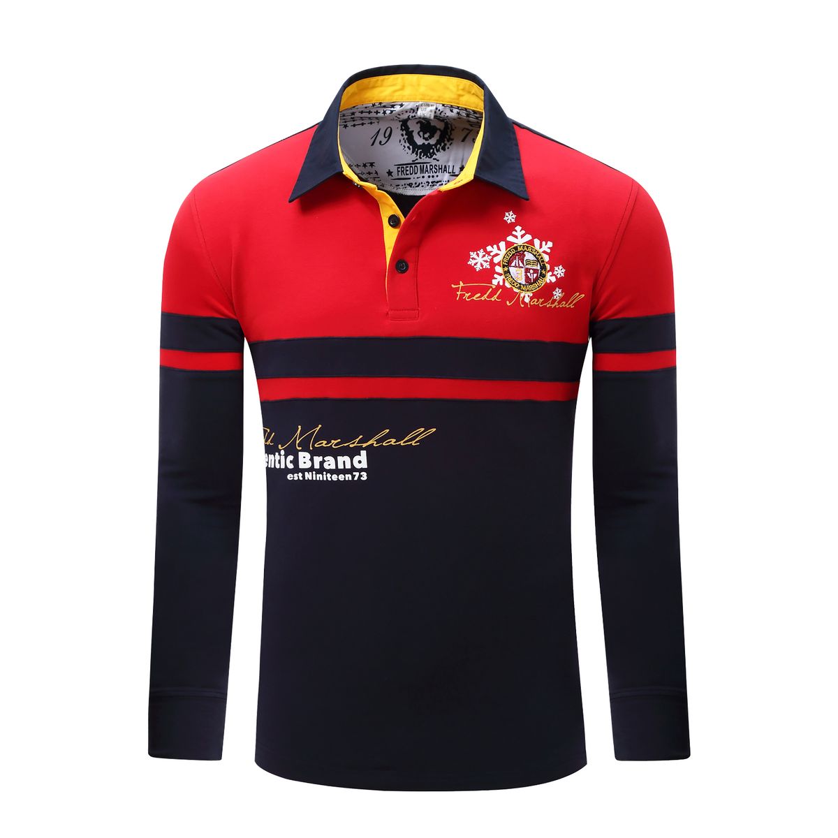 Men's Long Sleeve Color Blocking Polo Shirt - Red/Navy