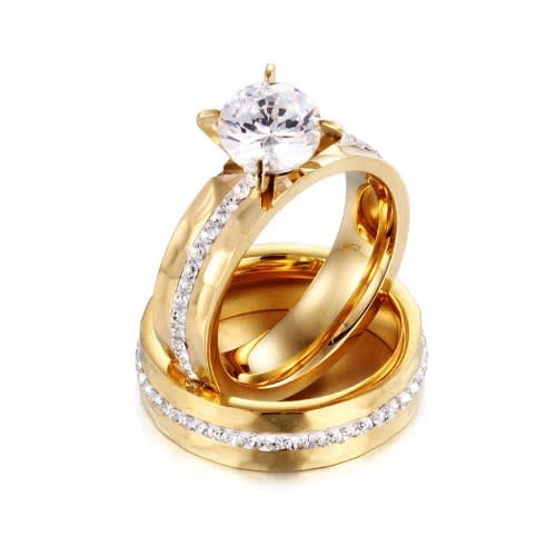 Stainless Steel Golden Couple Zircon Rings Sz 9