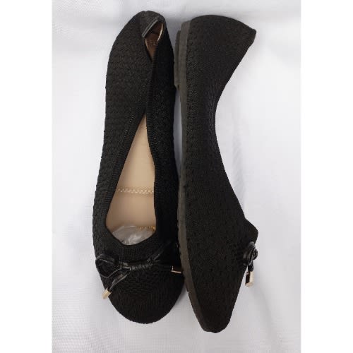String Bow Socks Ladies Flat Shoe- Black
