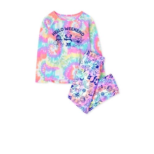 Girls Hello Weekend Unicorn Panda Tie Dye Snug Fit Cotton Pyjamas Sleepwear