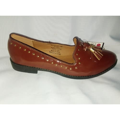 Patent Leather Edge Studded Flat Loafers - Honey Brown