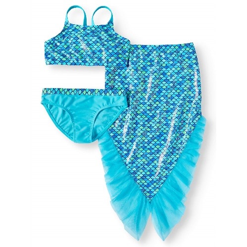 Metallic Mermaid Bikini Swimsuit And  Skirt Coverup (upf 50+ Protection)- 3piece