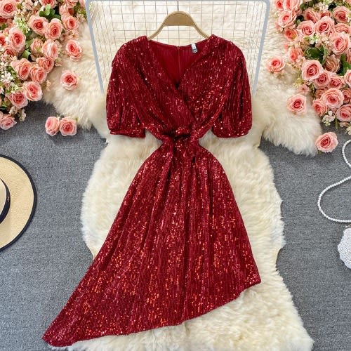 Asymmetrical Sequin Dress - RED